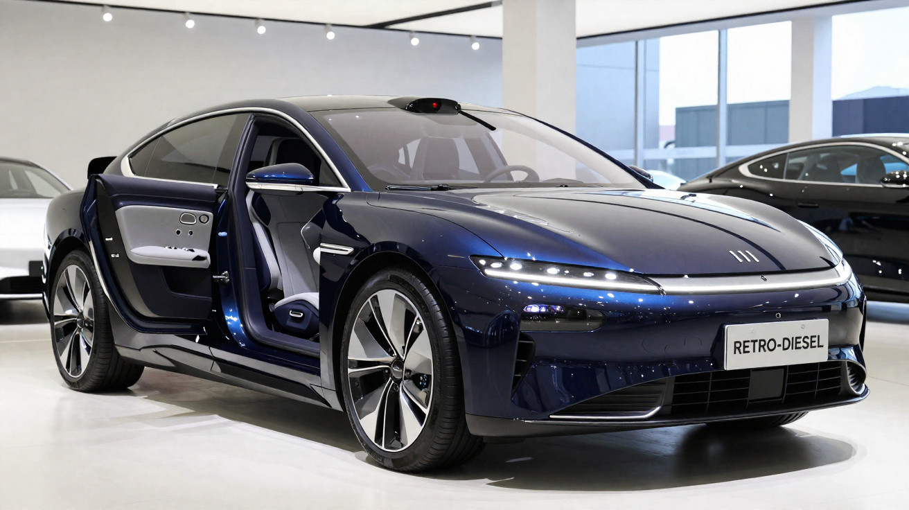 Carro elétrico azul escuro com portas dianteiras abertas em showroom moderno e iluminação branca.