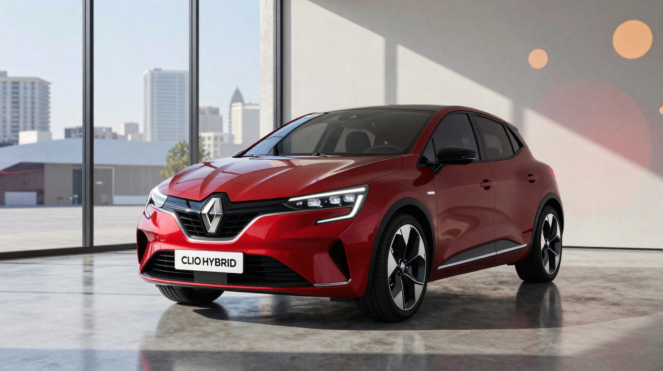 Carro Renault Clio Hybrid vermelho estacionado em espaço interno com vidro e cidade ao fundo.
