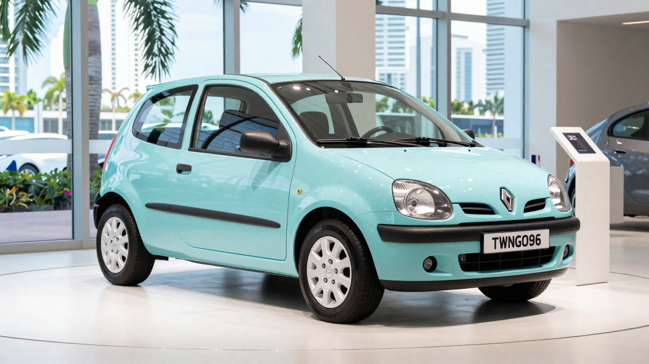 Carro Renault Twingo azul claro exibido em showroom com grandes janelas ao fundo e pedestal ao lado.