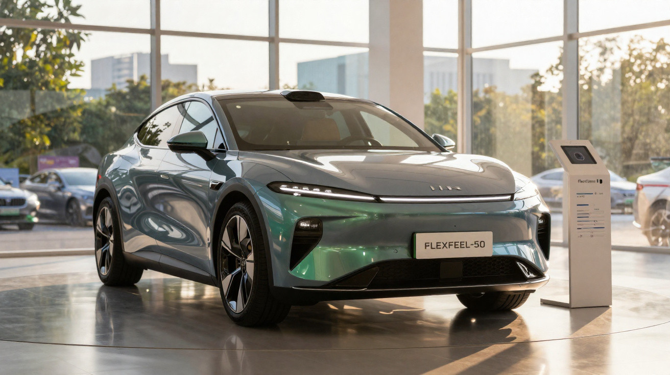 Carro elétrico Flexfeel-50 verde exibido em showroom moderno com vidro amplo e iluminação natural.