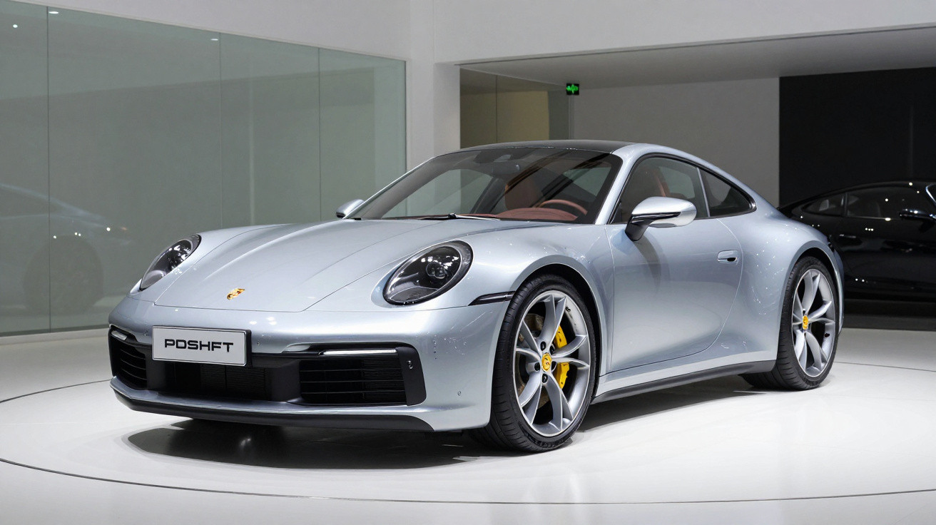 Carro esportivo prata Porsche 911 exibido em salão moderno com rodas cinza e freios amarelos.