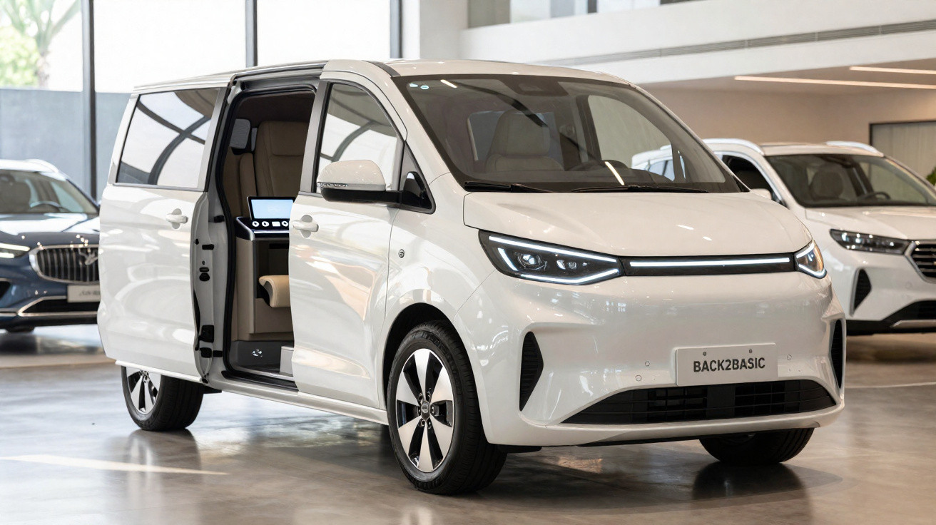 Van elétrica branca com porta lateral aberta exibindo interior moderno em showroom.
