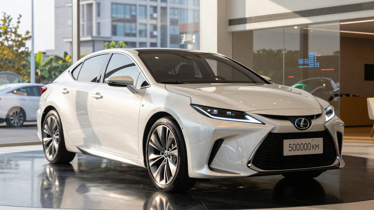 Carro branco da marca Lexus exibido em showroom com placa mostrando 500000 km.
