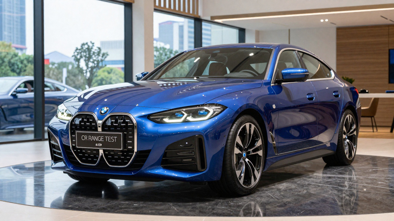 Carro BMW azul elétrico exibido em showroom moderno com grandes janelas e piso brilhante.