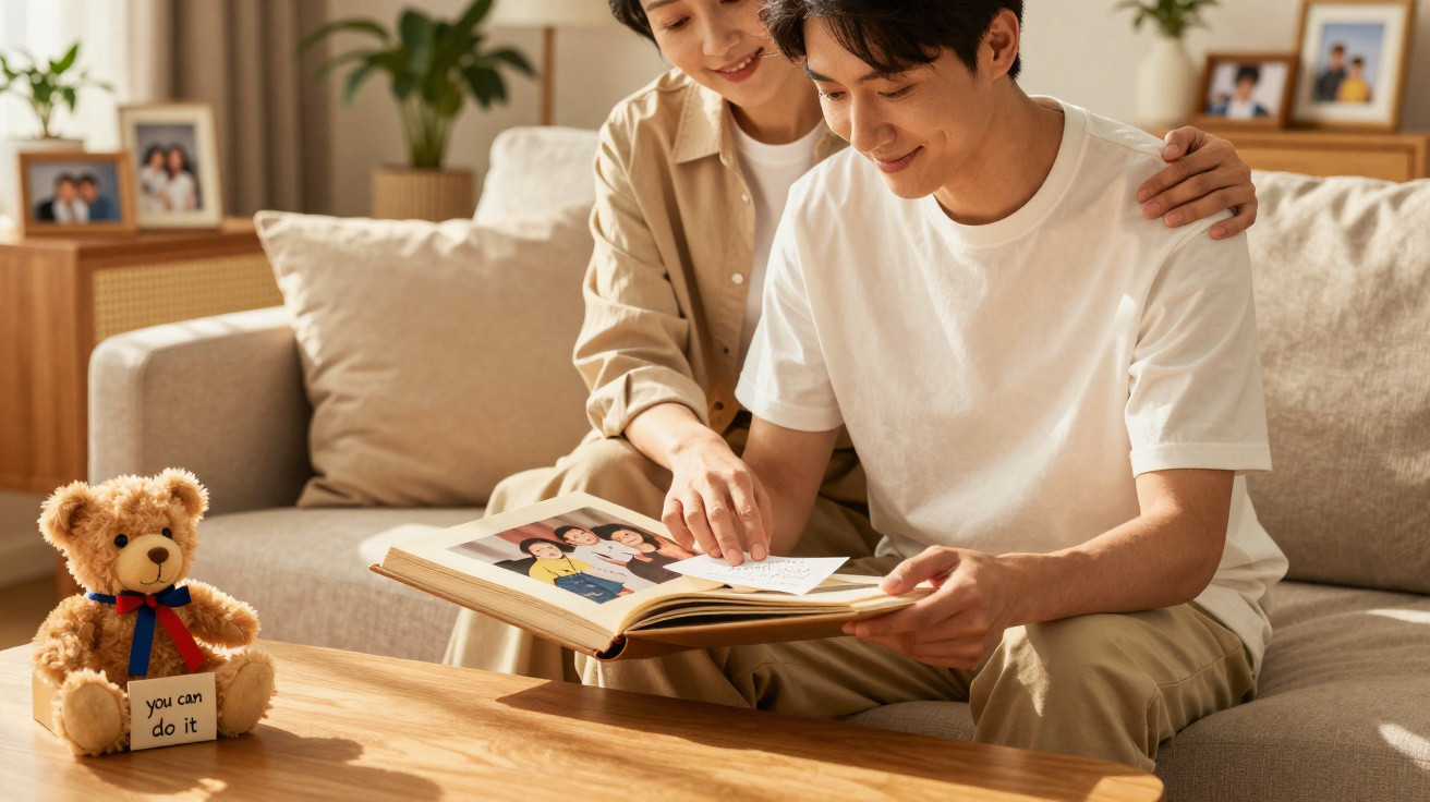 Casal sorrindo revisando álbum de fotos em sala aconchegante com urso de pelúcia e mensagem motivacional.