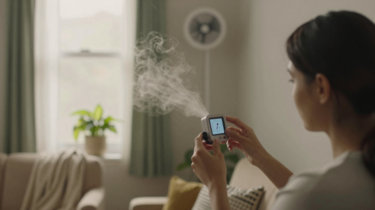 Mulher segura um umidificador portátil que libera vapor em ambiente interno iluminado.