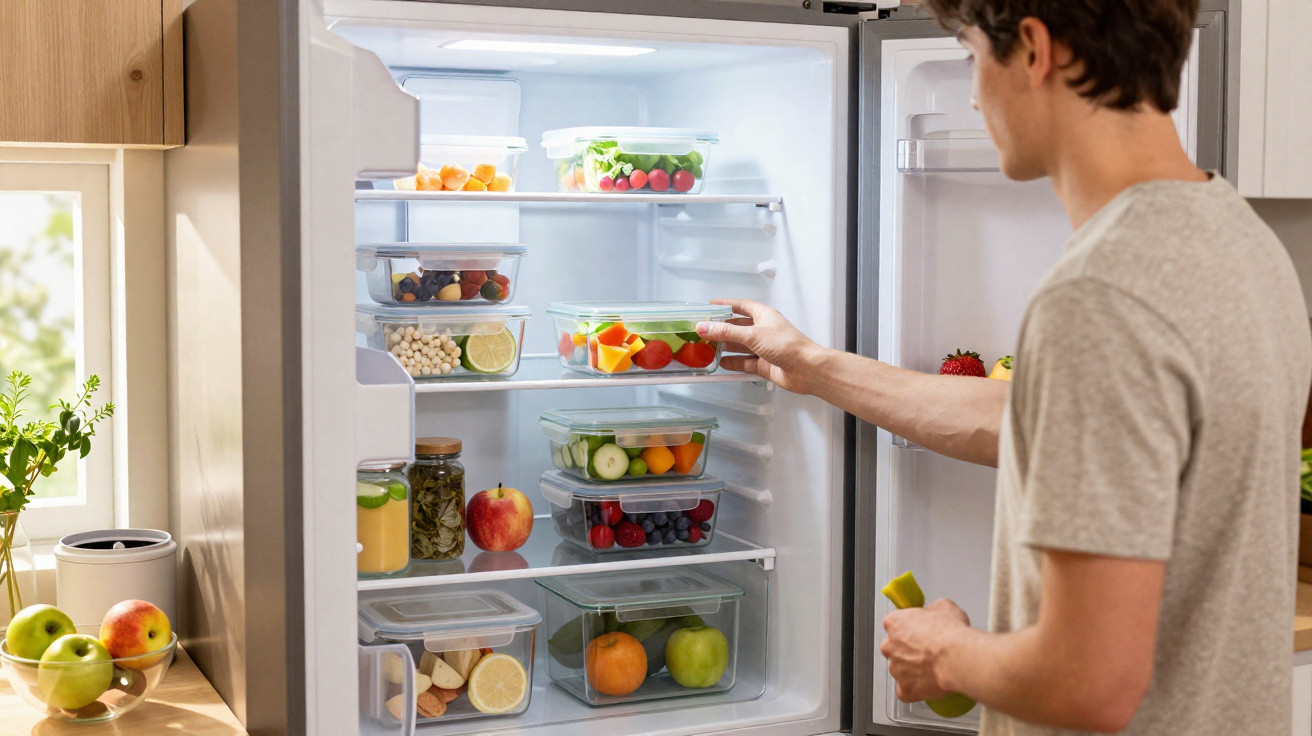 Homem organizando potes transparentes com frutas e legumes dentro da geladeira aberta em cozinha moderna.