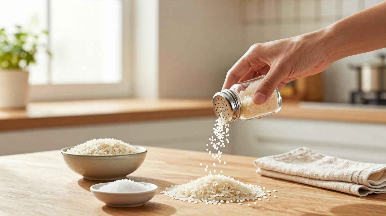 Mão derramando arroz de um saleiro sobre mesa com potes de arroz e sal em cozinha iluminada.