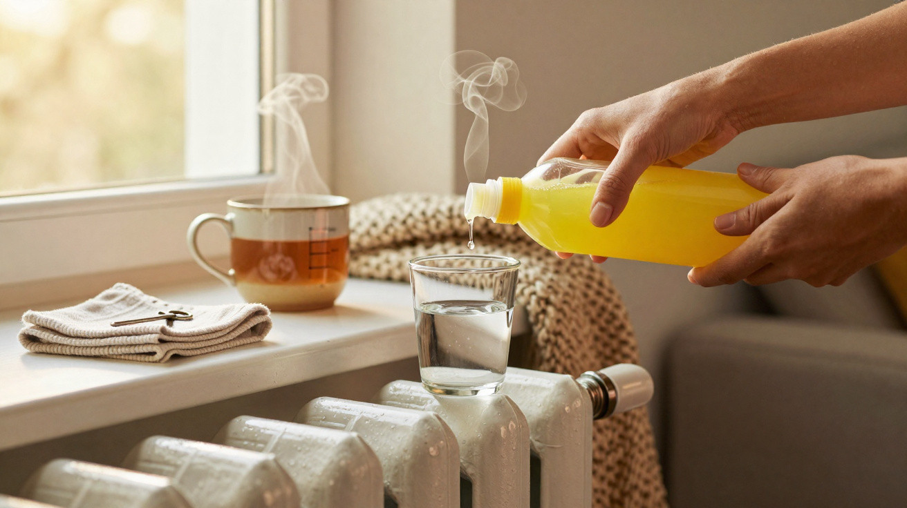 Mãos derramando líquido amarelo em copo sobre radiador, ao lado de xícara com chá quente e toalha na janela.