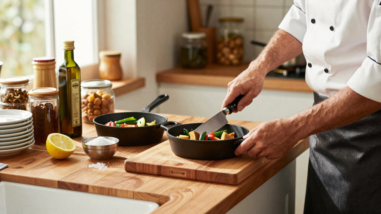 Pessoa mexendo legumes em frigideira preta na cozinha com frascos e ingredientes sobre bancada de madeira.