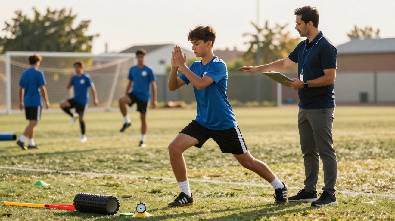 Aluno faz exercício de alongamento no campo de futebol com treinador supervisionando e outros jovens ao fundo.