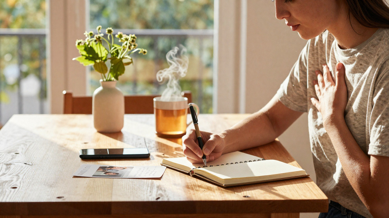 Pessoa escrevendo em caderno à mesa com vaso de flores, celular e xícara de chá fumegante ao fundo.