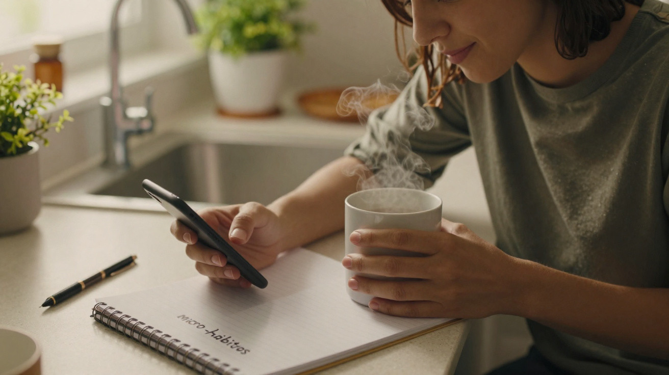 Pessoa segurando caneca de bebida quente e celular, com caderno aberto escrito "micro hábitos" em mesa de cozinha.