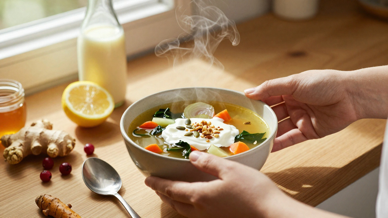 Pessoa segurando tigela de sopa quente com legumes, iogurte e sementes sobre mesa de madeira.