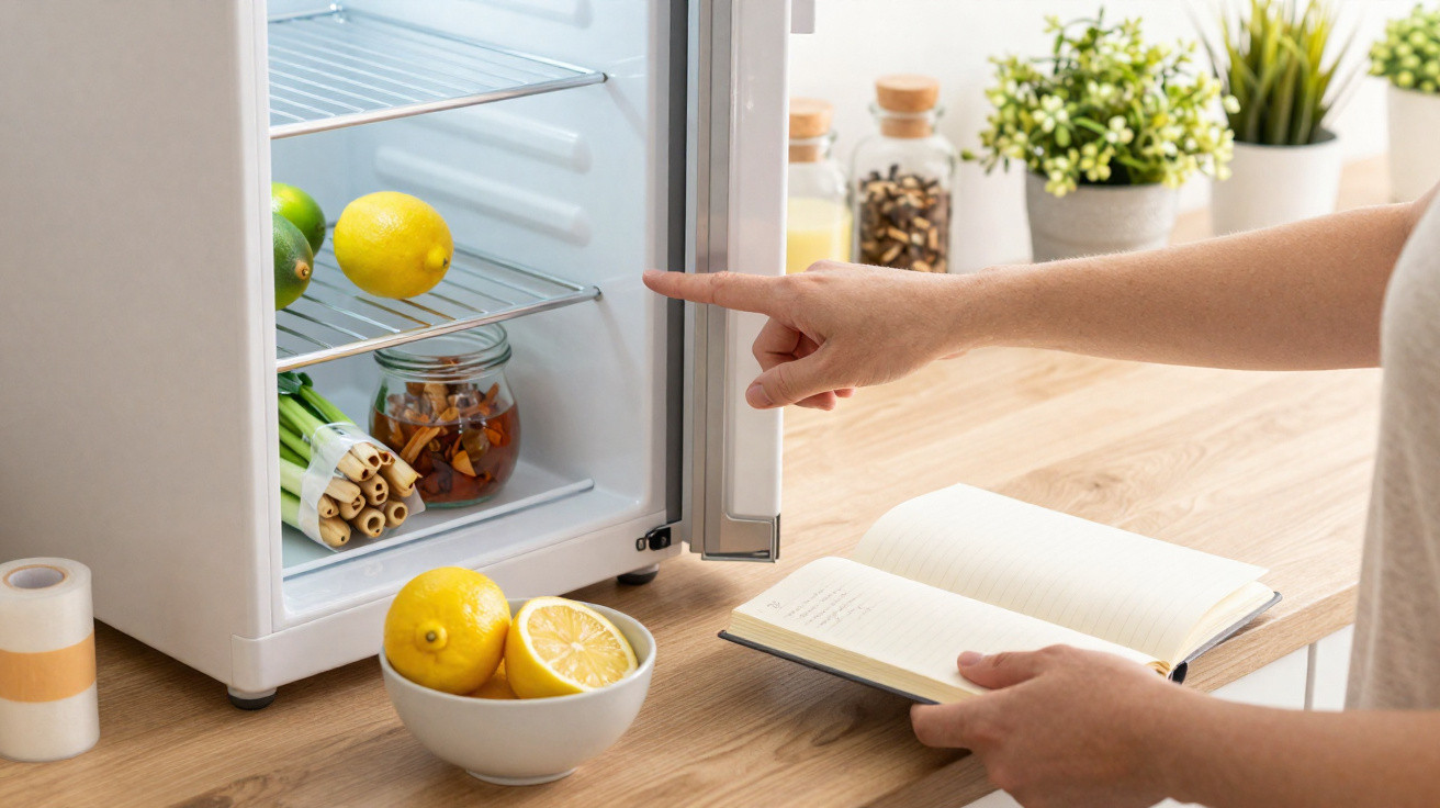 Pessoa consultando um caderno de receitas enquanto abre geladeira com frutas e temperos.