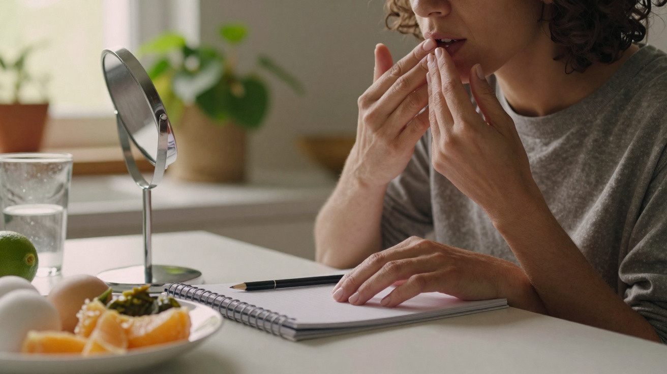 Mulher com expressão pensativa, anotando em caderno próximo a cadeira, frutas e espelho sobre mesa branca.
