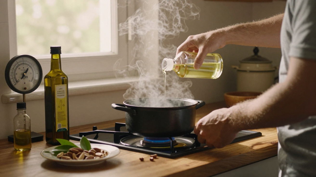 Pessoa despejando óleo em panela fumegante no fogão a gás em cozinha iluminada por janela.