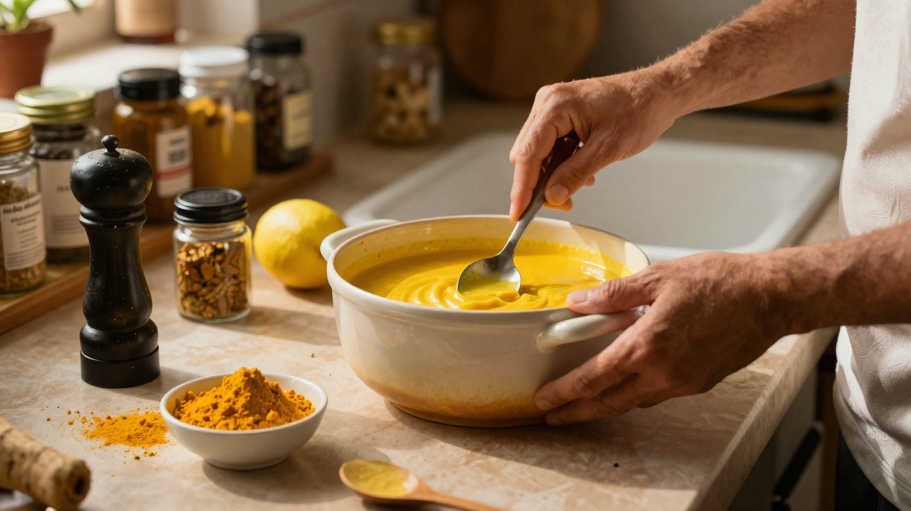 Pessoa mexe creme amarelo em tigela branca em bancada com temperos, limão e moedor de pimenta.