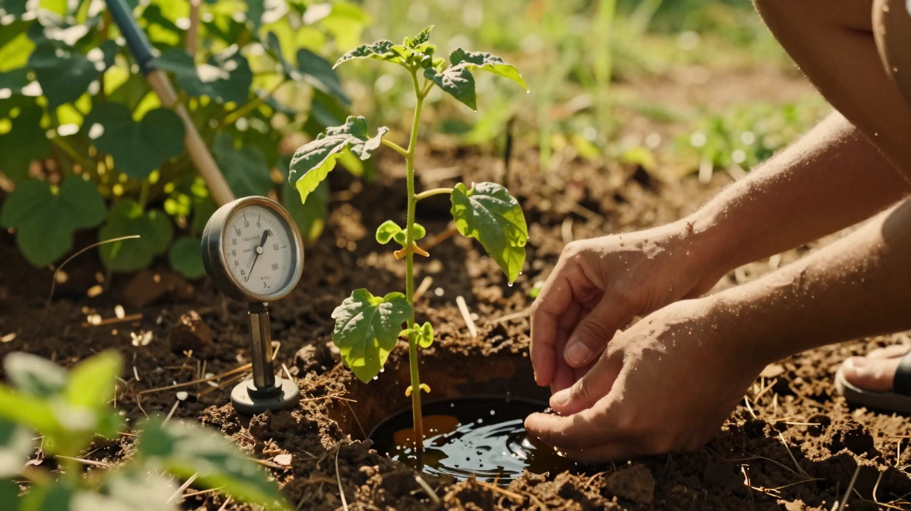 Mãos irrigando planta jovem no solo com medidor de umidade ao lado em ambiente externo.