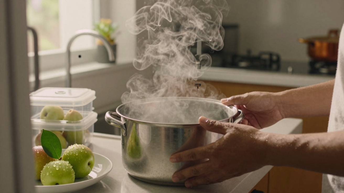 Pessoa segurando panela de inox com vapor saindo na cozinha iluminada pela janela