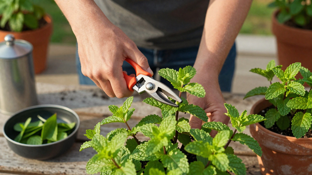 Pessoa podando planta de hortelã com tesoura de jardinagem em vaso sobre mesa de madeira.