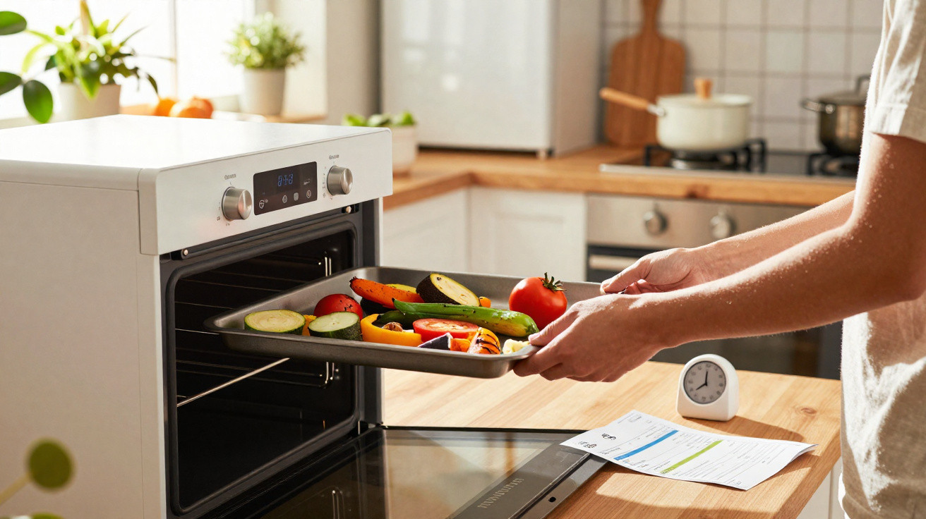 Pessoa colocando uma assadeira com legumes coloridos em forno elétrico em cozinha iluminada.