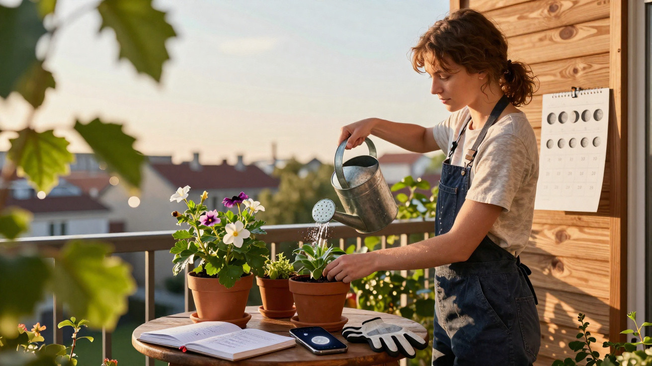 Mulher regando plantas em vasos no jardim de varanda durante o pôr do sol.