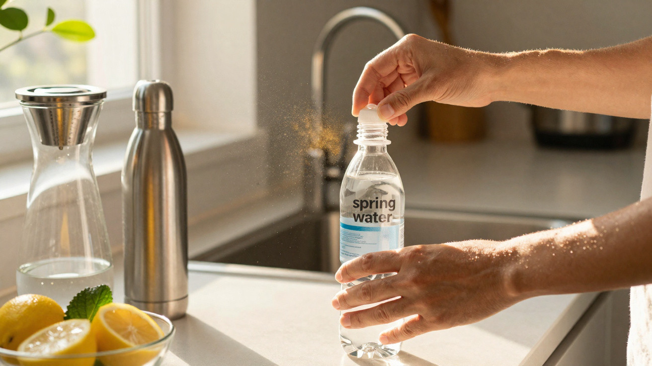 Mãos abrindo garrafa de água Spring Water em cozinha clara com frutas e garrafas no balcão.