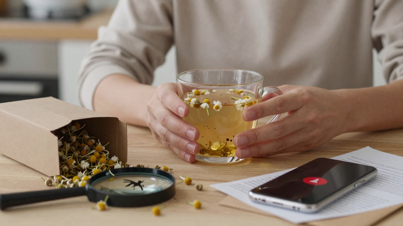 Pessoa segurando xícara transparente de chá de camomila, com flores secas, lupa e celular sobre a mesa.