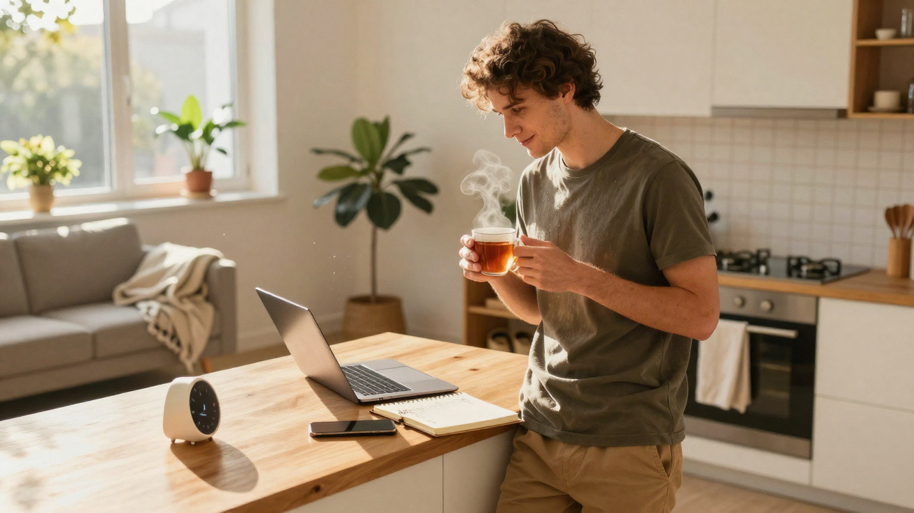 Jovem em cozinha moderna segurando xícara de chá quente enquanto trabalha em notebook na bancada de madeira.