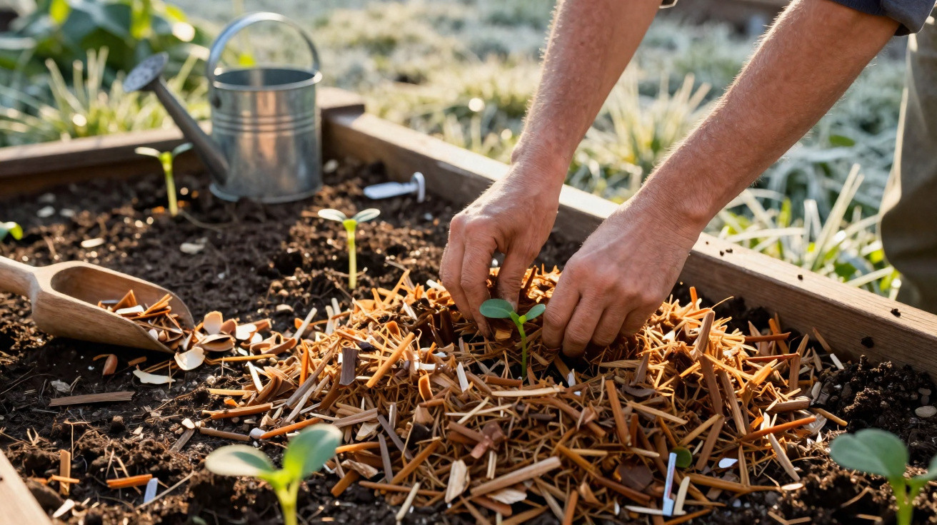 Mãos plantando muda em solo coberto com palha, ao lado regador metálico e pá de madeira.