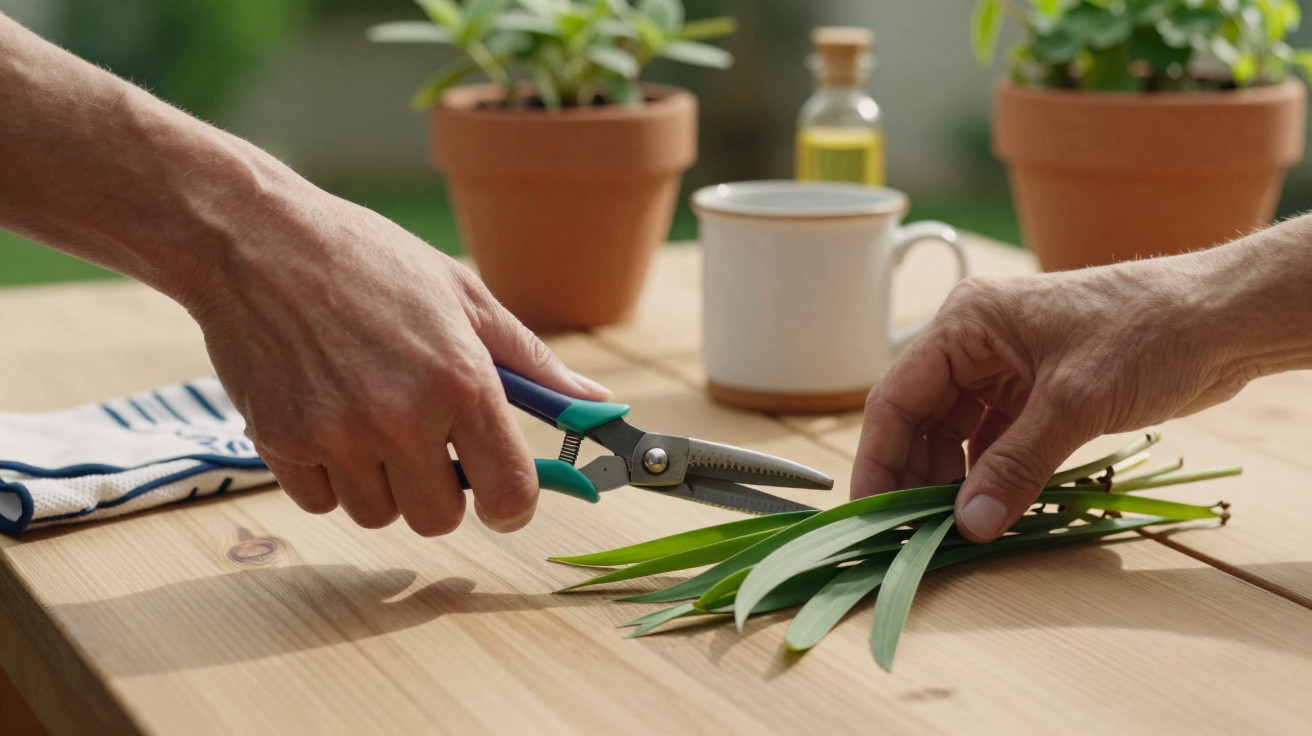 Mãos cortando folhas verdes com tesoura de jardinagem sobre mesa de madeira, com vasos ao fundo.