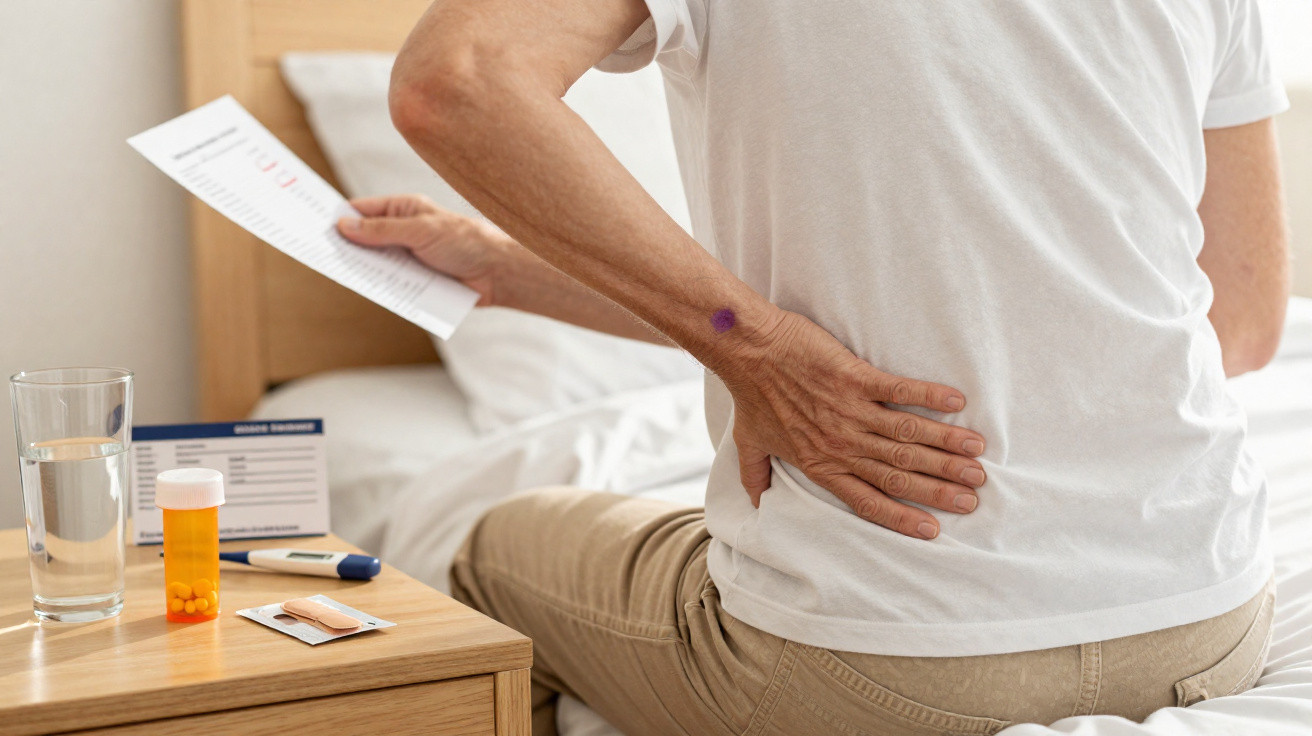 Pessoa sentada na cama com mão na lombar, com medicamentos e água em mesa ao lado.