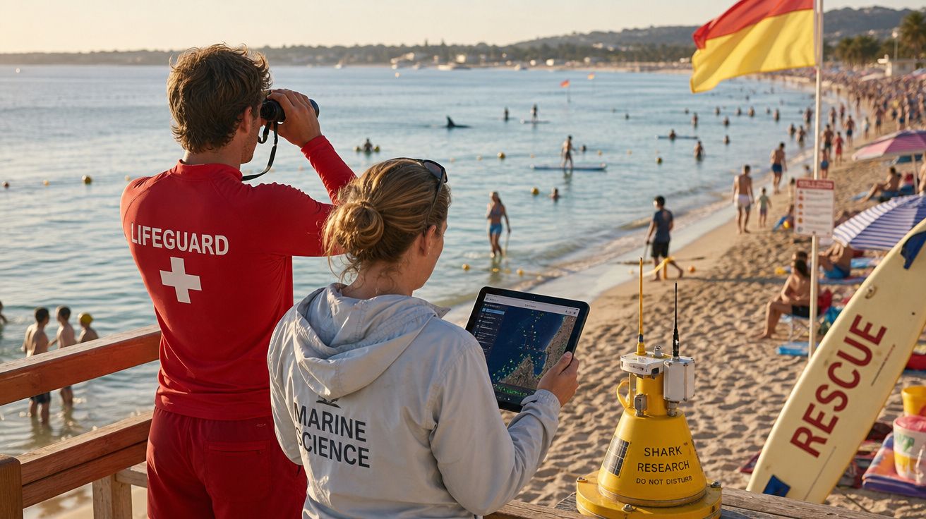 Salva-vidas observa praia com binóculo e pesquisadora de ciências marinhas usa tablet perto de bóia de pesquisa.