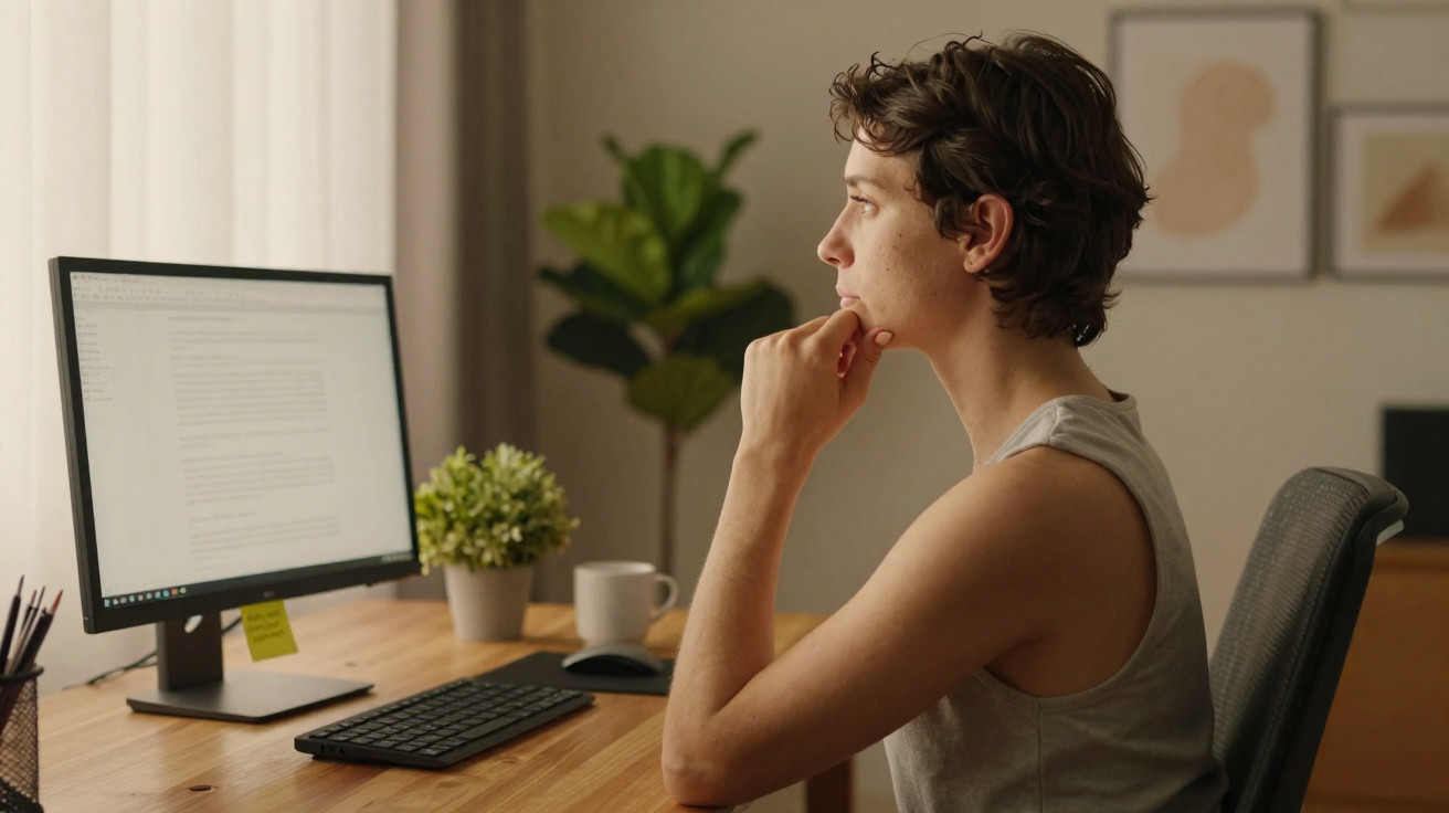 Pessoa jovem sentada em mesa de madeira, olhando pensativa para monitor de computador em ambiente interno.