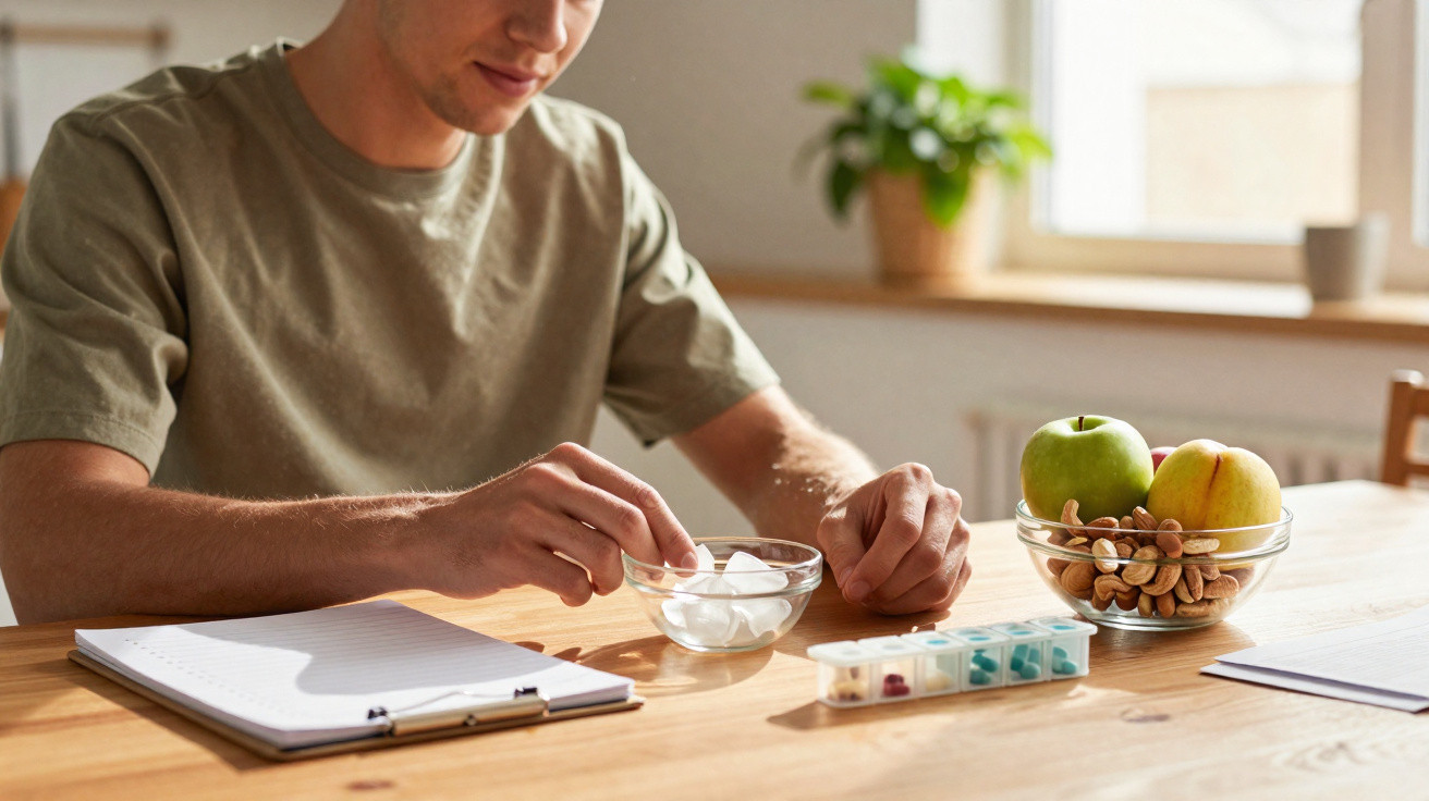 Jovem sentado à mesa com potes de remédios, caderno aberto e frutas com castanhas ao lado.