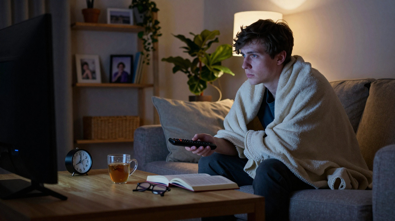 Jovem envolto em cobertor assiste TV atento no sofá à noite com livro, óculos e chá sobre a mesa.