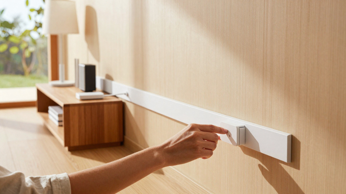 Pessoa aproximando controle remoto branco de sensor de dispositivo fixado em parede de ambiente com móvel de madeira ao fundo