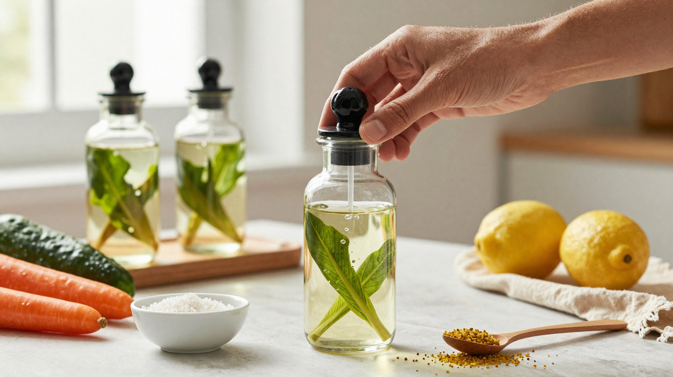 Mão segurando frasco com tempero e folhas, ao lado de cenouras, pepino, limões, sal e especiarias em colher.