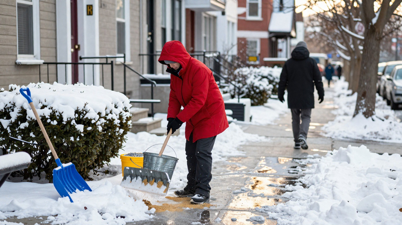 Pessoa com casaco vermelho retirando neve da calçada com pá em rua coberta de neve e outra pessoa ao fundo.