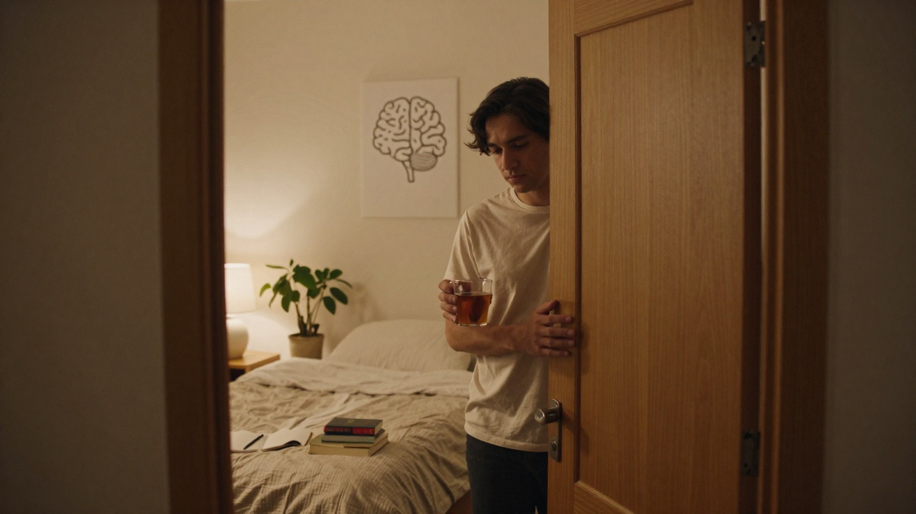 Homem segurando um copo com bebida enquanto entra em um quarto com cama e planta.