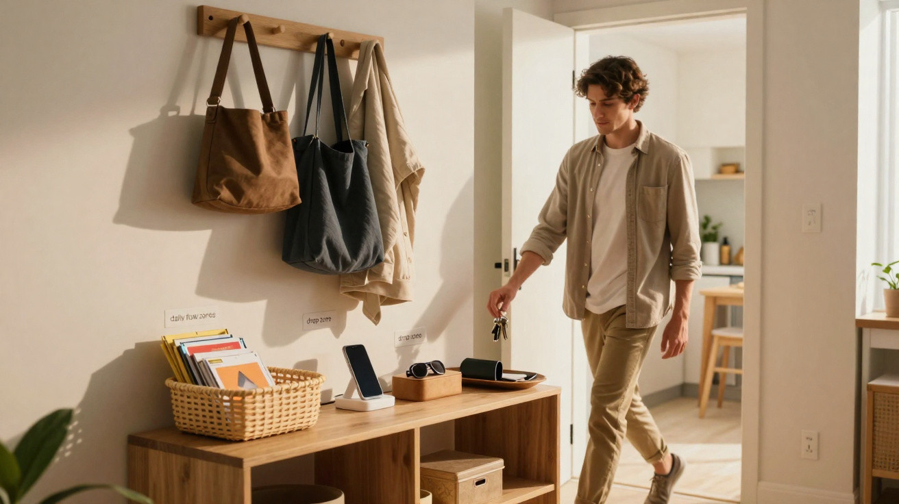 Homem entrando em casa segurando chave em ambiente organizado com móveis e bolsas penduradas na parede.