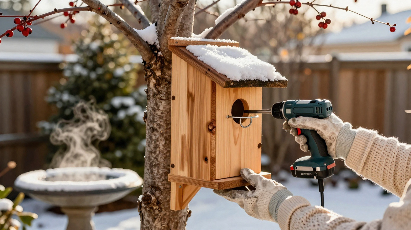 Pessoa instalando uma casinha de passarinho de madeira com furadeira em árvore coberta de neve.