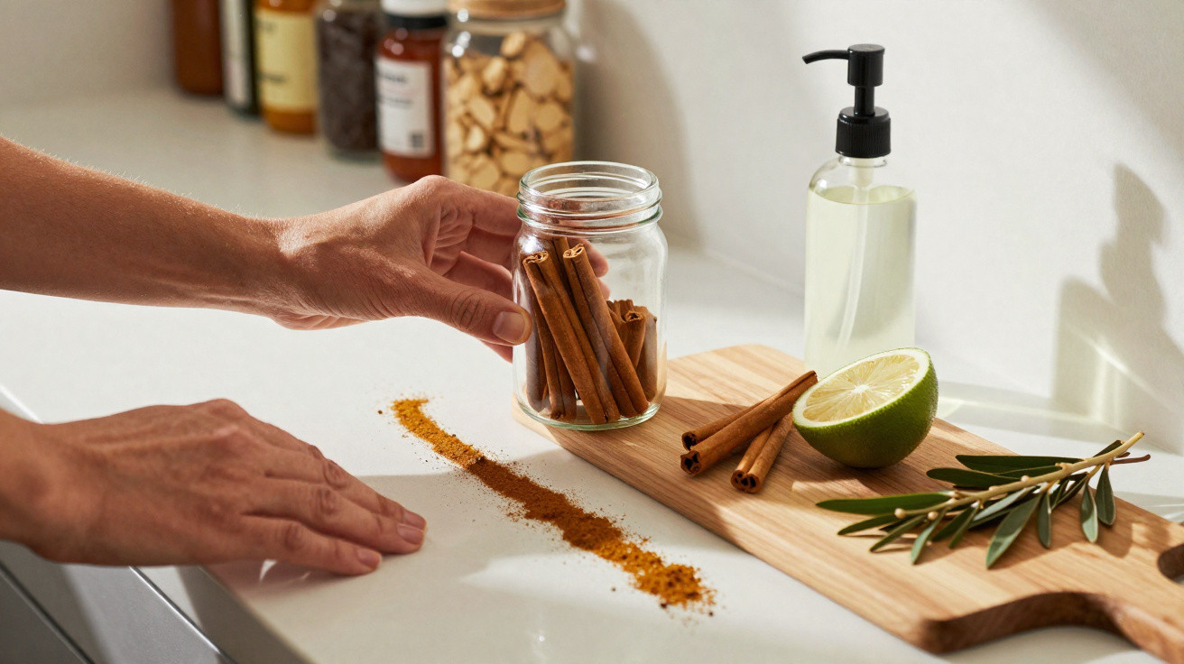 Pessoa segurando pote com paus de canela ao lado de limão, raminho e especiaria em bancada de cozinha.