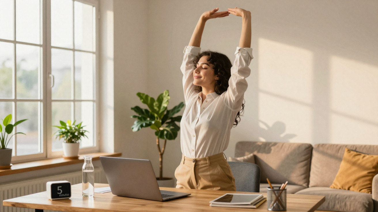 Mulher alongando braços sentada em escritório com laptop e plantas ao fundo, em ambiente iluminado.