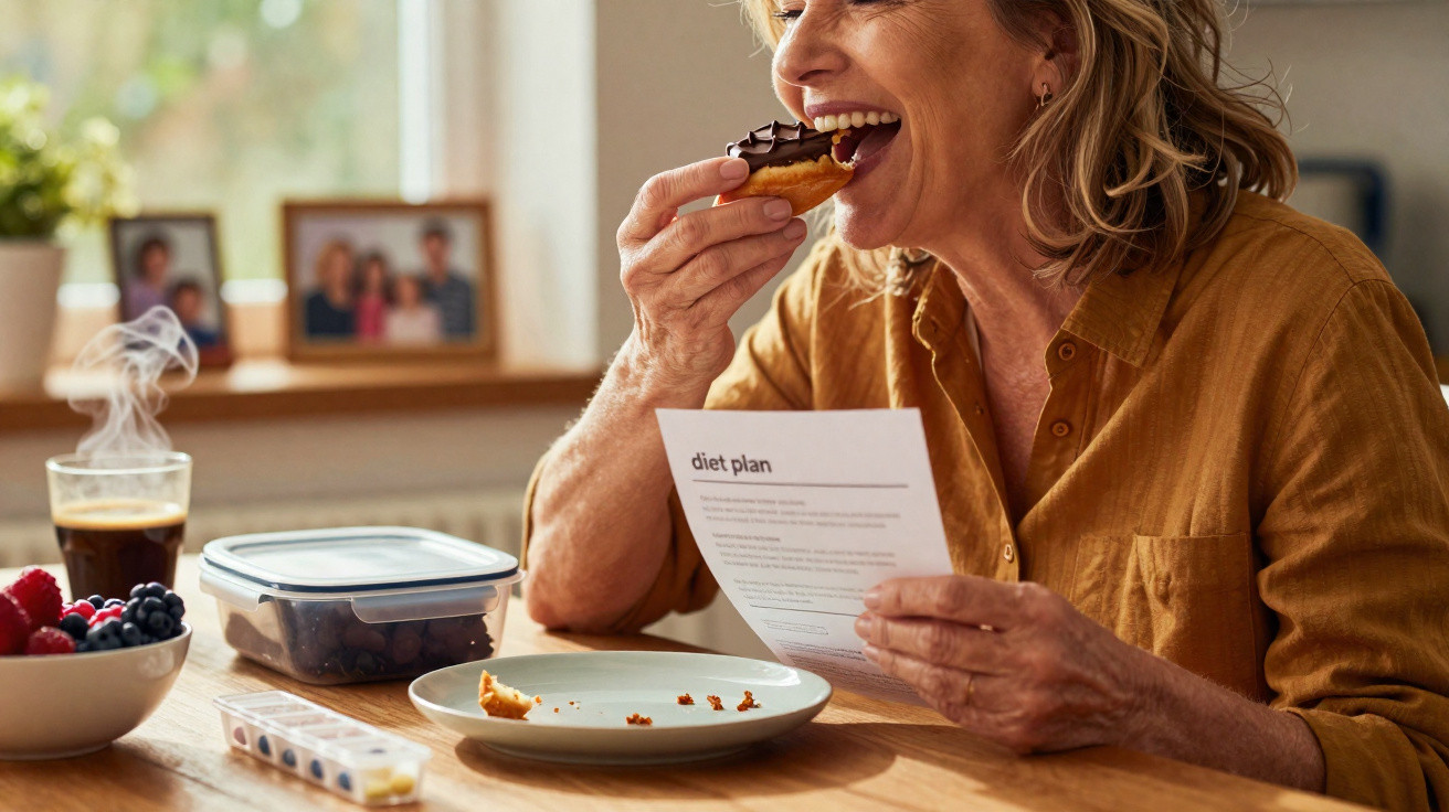 Mulher sorridente comendo um doce e lendo um plano de dieta na cozinha iluminada.