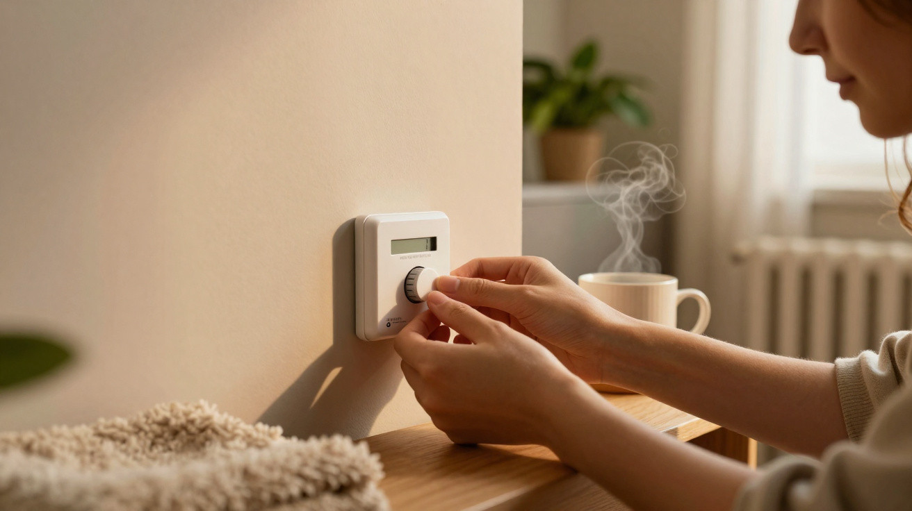 Pessoa ajustando termostato digital na parede, ao lado de xícara com vapor em ambiente aconchegante.
