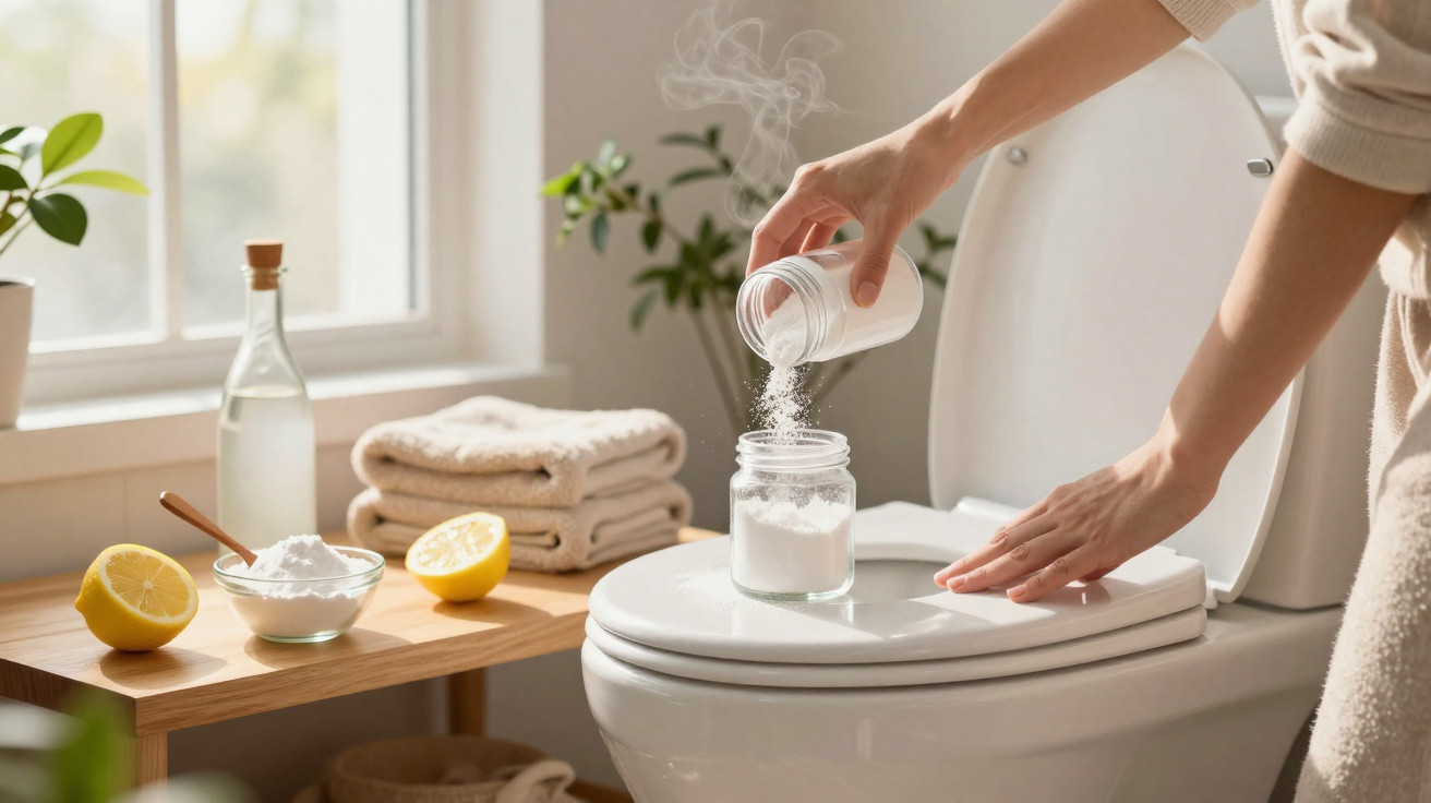 Pessoa despejando bicarbonato de sódio em um vaso sanitário, com limão, toalhas e produtos naturais ao lado.