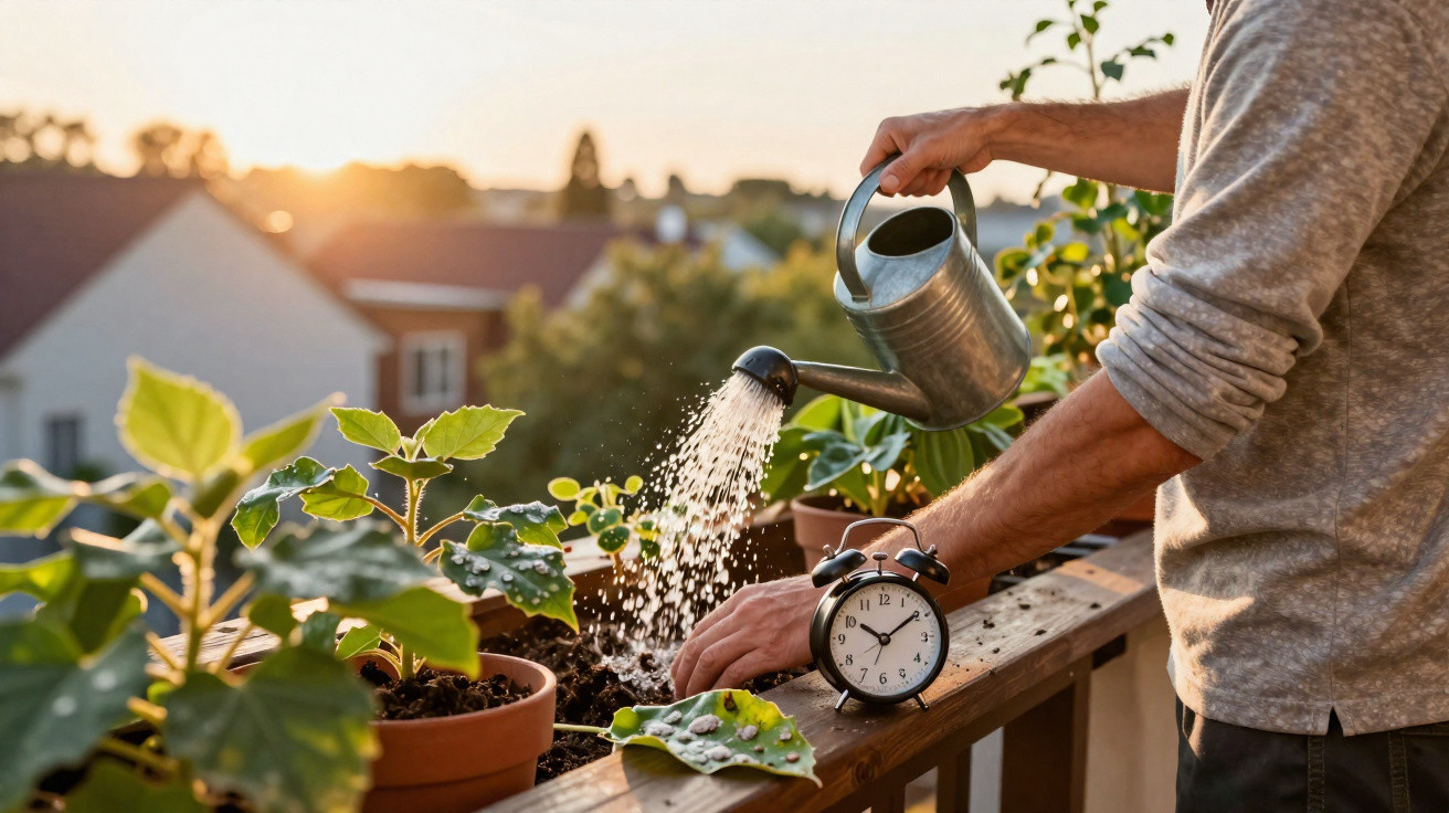 Pessoa regando plantas em vasos em varanda ao pôr do sol com relógio despertador ao lado.