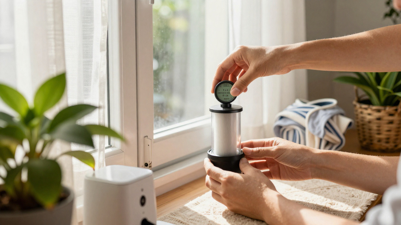 Mãos ajustando câmera analógica com visor em mesa perto de janela e plantas em ambiente iluminado.